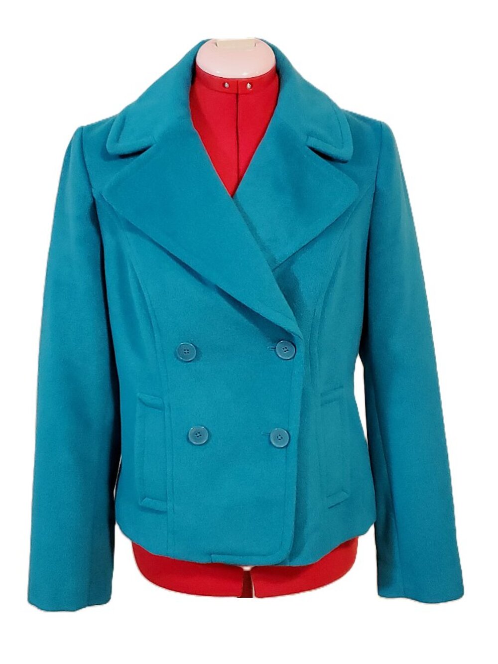“Liz Claiborne” Teal Cropped Double-Breasted Dress Peacoat – Size S